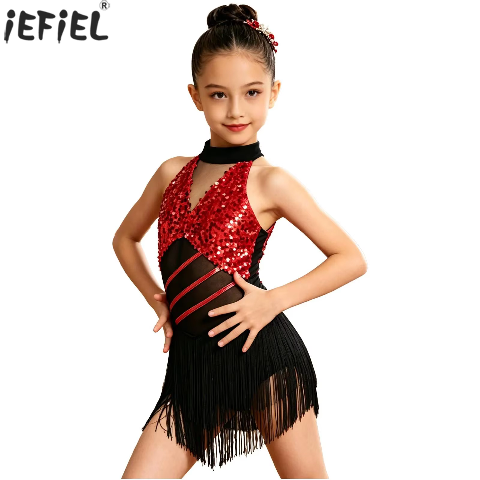 Kids Girls Cha-cha Salsa Latin Dance Costume Shiny Sequins
